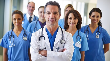 Fototapeta premium Group of doctors posing confidently in hospital corridor