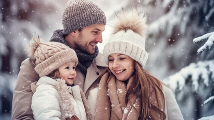 Mother and father hugging their children on a snowy winter day