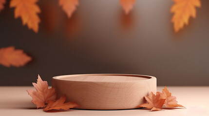 Naklejka na ściany i meble Leeres Kreisrundes Podium aus Holz für Produktpräsentationen mit Herbstblättern als Dekoration.