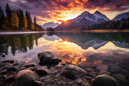 fantastic autumn sunset on a lake. High quality photo