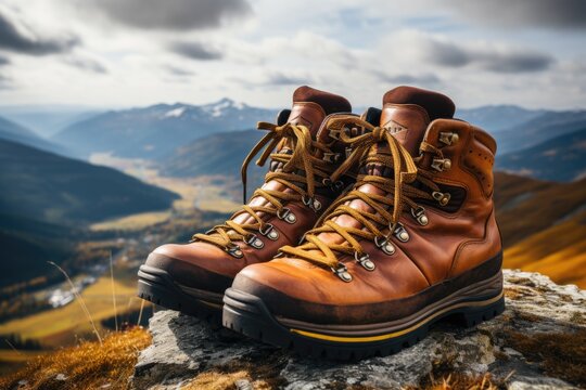 A pair of hiking boots on top of a mountain. Generative AI image.