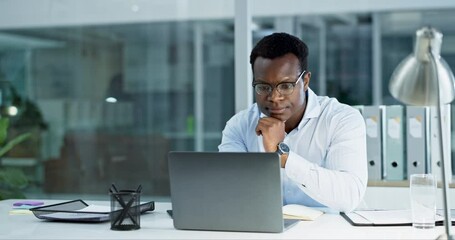 Thinking, laptop and businessman working in the office on a legal project for startup corporate company. Technology, professional and African male lawyer doing research on the internet with computer.