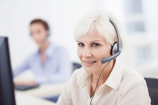 Beautiful middle aged woman working in a call centre. Generative AI
