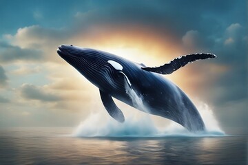 Fototapeta premium photo-realistic image of a humpback whale breaching the water surface