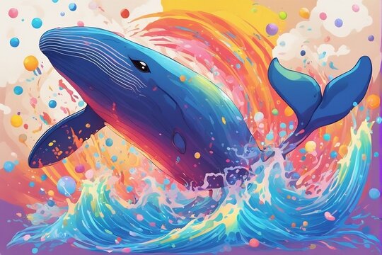 Amazing illustration of a blue whale in a colorful and abstract style