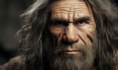 Fototapeta na wymiar Time Travel: Neanderthal Caveman Portrait in Ancient Cave