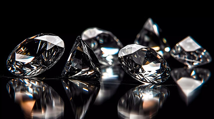 Diamond with reflections of light, on a black background. Generative AI technology.