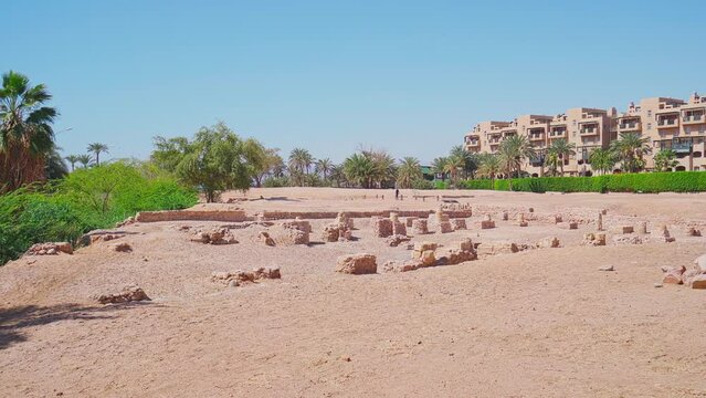 4k, panoramic view Archeological museum, Archaeological site of the ancient Islamic city of Ayla, Aqaba, Jordan