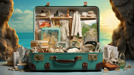 Travel Treasures Unveiled, Exploring the Suitcase's Contents in Turquoise and White, Beach Background - Generative AI