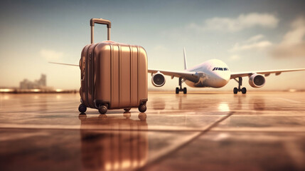 Traveler's Journey, Brown Suitcase on Runway Amid Airplanes, Blurred Landscapes and Metallic Reflections - Generative AI