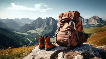 Hiking Boots and Backpack Against breathtaking mountain vista, Nature - Generative AI