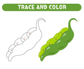  Trace and color cute green peas. Worksheet for kids.