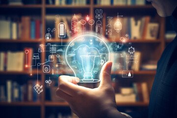 Idea or E-learning graduate certificate program concept. Hands holding lightbulb, graduation hat, and education . Internet education course degree, Idea of learning online class.Webinar Online Courses