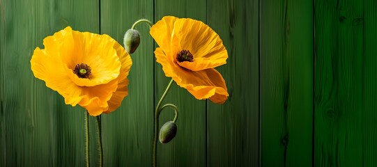 Two yellow poppies on a wooden green background