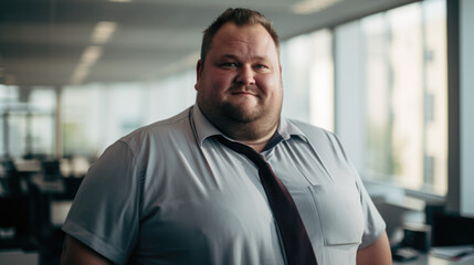 Overweight man in modern office. A fat man in a suit, an office worker.