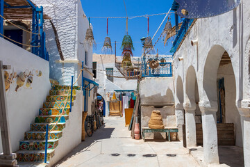 Colorful stairs on the street in the city of Houmt Souk in Tunisia