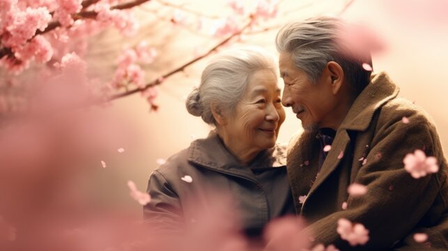 Happy old couple smiling in a park. Japanese elderly couple in sakura flowers