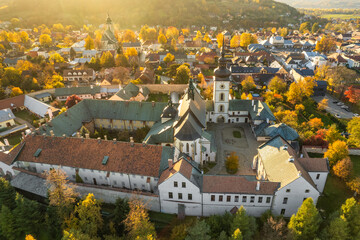 Aerial view of the Stary Sacz town in autumn at sunset, Poland - 634196321