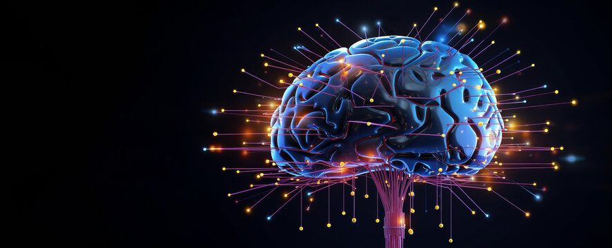 Artificial intelligence theme, human brain and AI network. Tech, computers, business, futuristic concept. AI generated digital design. 