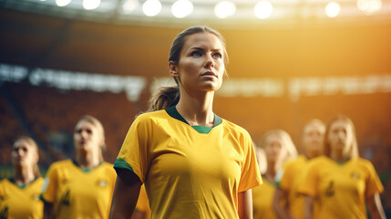 A beautiful female football player in a yellow-green uniform in the stadium.