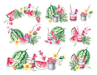 Watercolor hand drawn watermelon set