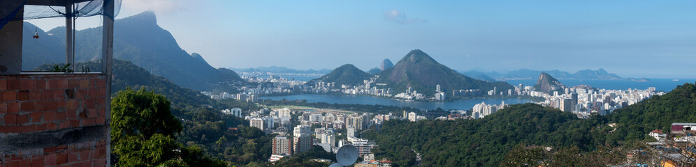 Brazil: the postcard skyline of Rio de Janeiro seen from Rocinha, the most famous favela of the...