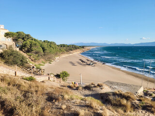 Views of Empuries beach, Golf de Roses, Girona. Tourist beaches of the Costa Brava.