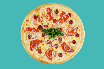 pizza with hunting sausages , tomatoes , sweet peppers , corn on a green background , studio shooting 1
