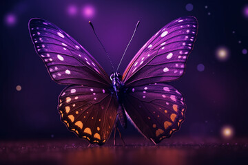 Luminous tropical butterfly with wings spread on purple color background