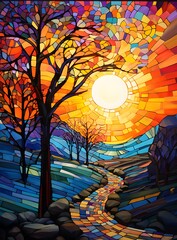 Stained-glass window with a beautiful landscape