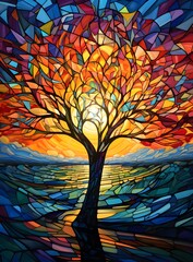 Abstract stained-glass tree on the lake at sunset, illustration