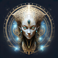 Representation in a logo format of a psychedelic alien extraterrestrial cosmic trippy scifi entity