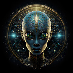 Representation in a logo format of a psychedelic alien extraterrestrial cosmic trippy scifi entity