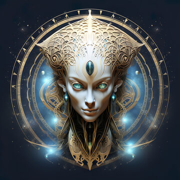 Representation in a logo format of a psychedelic alien extraterrestrial cosmic trippy scifi entity