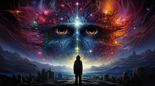 Representation of a psychedelic divine cosmic trippy godly spiritual psionic entity