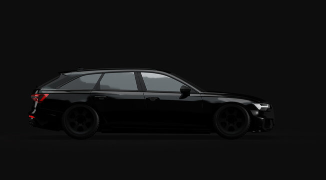 Audi rs6 avant car. 3d render on audi, cars, speed, movement.  Black color, minimal style. Side view close-up.