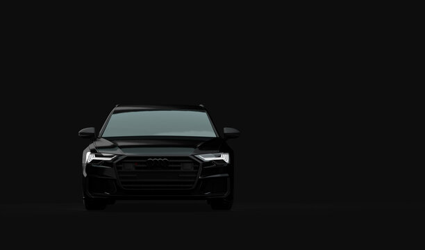 Audi rs6 avant car. 3d render on audi, cars, speed, movement.  Black color, minimal style. Front view close-up of the hood, headlights, bumper.