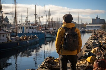 Maritime Musings: Capturing a Person on the Harbor's Edge, Gazing at Anchored Ships and the Stretching Ocean, the Back View Concealing Identity Amidst the Nautical Aura Generative AI