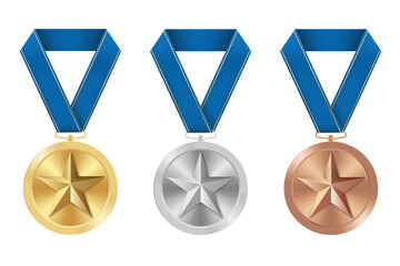 Golden silver and bronze award sport medal with blue ribbons and star