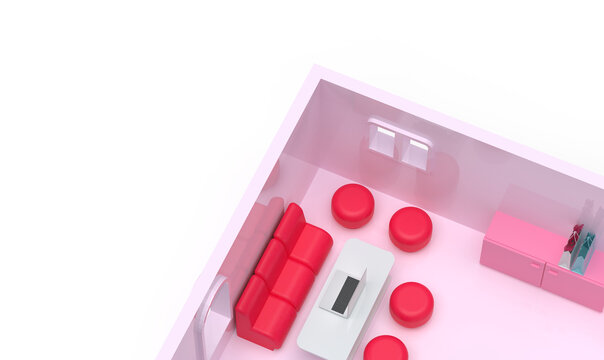 The house, the interior of the doll's room. Pink color. 3d render on the theme of barbie, toys, childhood, girls. Minimal style, transparent background.