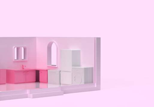 The house, the interior of the doll's room. Pink color. 3d render on the theme of barbie, toys, childhood, girls. Minimal style.