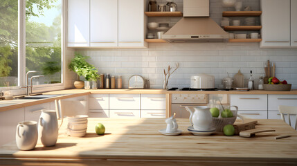 Fototapeta na wymiar beautiful modern kitchen with cooking items, complete view super bright from the daylight, with a stove and a sink and a counter in the middle of the kitchen. Hyper realistic detail, very detailed