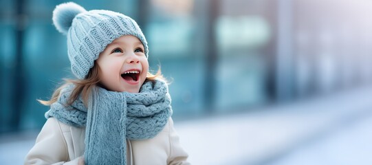 Cute Young Girl in Scarf and Hat for Winter on a Snowy Background 