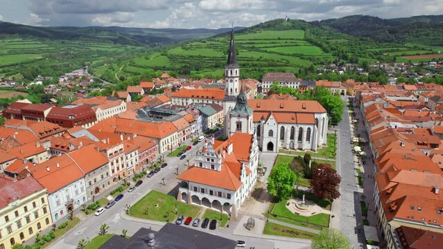 Aerial view of the historic center of Levoca town in summer, Slovakia.