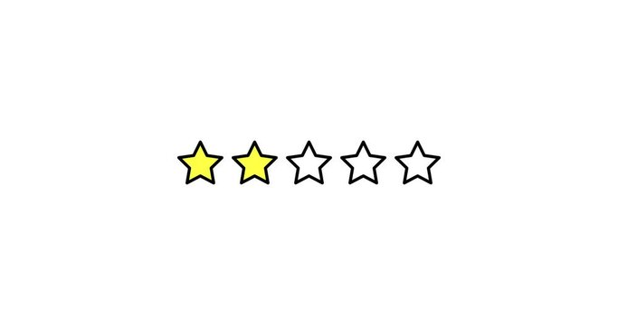 Five Stars Rating animation. Set of Stars. Two Star Rating on White Background. Product Quality, Feedback, Customer review.