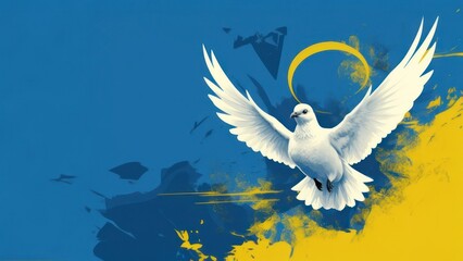 White pigeon as symbol of peace, with spread wings over blue and yellow background, as a Ukrainian flag color, embodies freedom and peace
