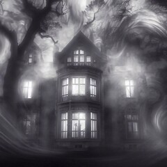 Victorian-style mansion engulfed in a swirling mist