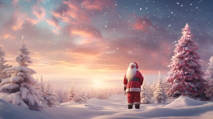 Happy New Year card. 3D Illustration. Santa Claus decorating Christmas tree. A symbol of holidays and children's happiness, Christmas and New Year.