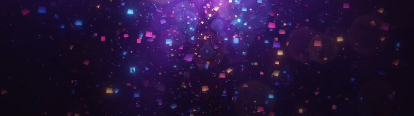 Festive glittering falling confetti. Elegant colorful particle flow. Gentle stream of luxury dust, magical snowfall, creative soft bokeh, awarding ultra wide abstract background. 3d rendering