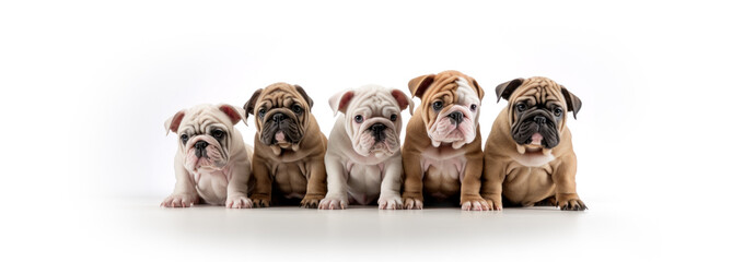 Pet Dogs, Irresistibly Cute English Bulldog Puppies Sitting Together - A Charming Display of Pet Companionship on White Background. 